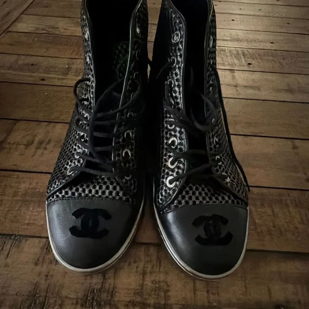 Chanel Black Mesh and Leather CC Cap Toe High Top Sneakers Size 36